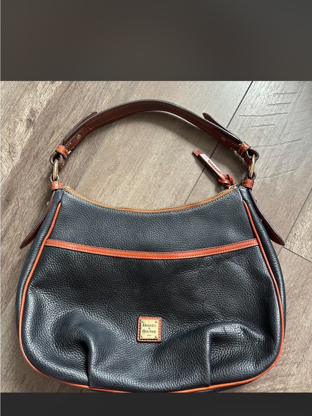 Dooney & Bourke Black Pebbled Leather Shoulder Bag with Brown Trim
